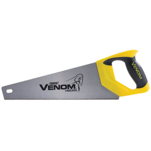 A 350mm handsaw with a yellow and black ergonomic handle, featuring the Draper Venom® brand name printed on its carbon steel blade, model VSD350.