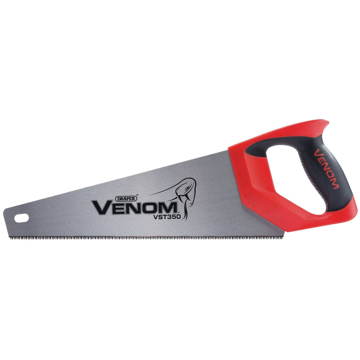 A handsaw with a red and black ergonomic handle, featuring the "Draper Venom® Second Fix Triple Ground Tool Box Saw, 350mm, 11Tpi/12Ppi - VST350" logo on the carbon steel blade.