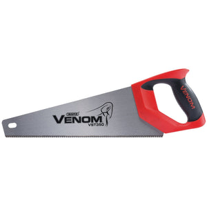 A handsaw with a red and black ergonomic handle, featuring the "Draper Venom® Second Fix Triple Ground Tool Box Saw, 350mm, 11Tpi/12Ppi - VST350" logo on the carbon steel blade.