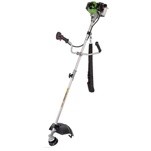 The Draper Petrol Brush Cutter And Line Trimmer, 32.5Cc - GTP34 is a gas-powered string trimmer with a green engine, black handle, and shoulder strap. Designed for grass trimming and edging tasks, it features a durable 2-stroke petrol engine and a double line spool for enhanced cutting efficiency.