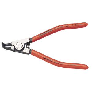 Red-handled wire stripping pliers with black cutting blades made from chrome vanadium electric steel, branded "Draper" and named Draper Knipex 46 21 A01 Sbe A01 Bent External Circlip Pliers, featuring markings “Knipex” and “Vanadin Super.”