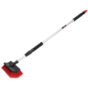 The Draper Redline Telescopic Washing Brush, model RL-TWB/B, features a red bristle head and a silver handle with two black grips. Equipped with a hose connector at the end for easy attachment, this 1060mm brush is ideal for cleaning vehicles and includes a water control feature to adjust the flow as needed.