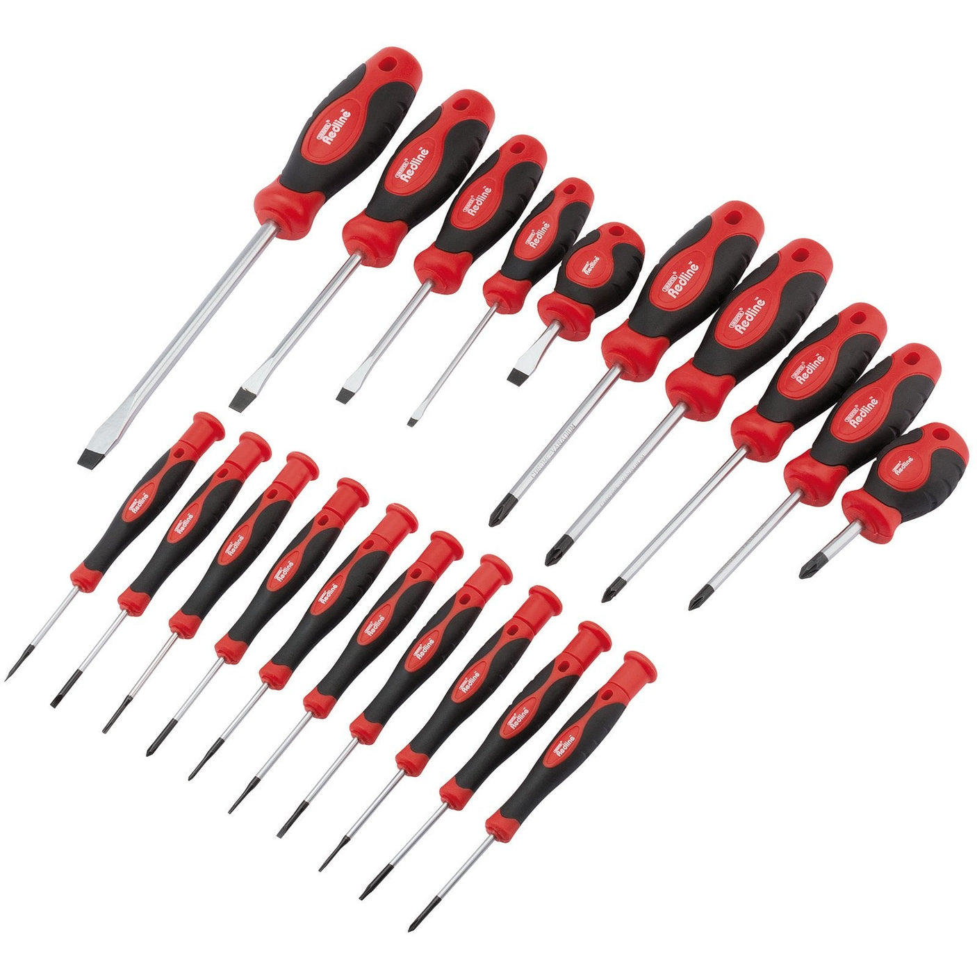 A set of twenty red and black precision screwdrivers with various sizes displayed in two rows from the Draper Redline Soft Grip Screwdriver Set (20 Piece) - RL-SD20/B collection.