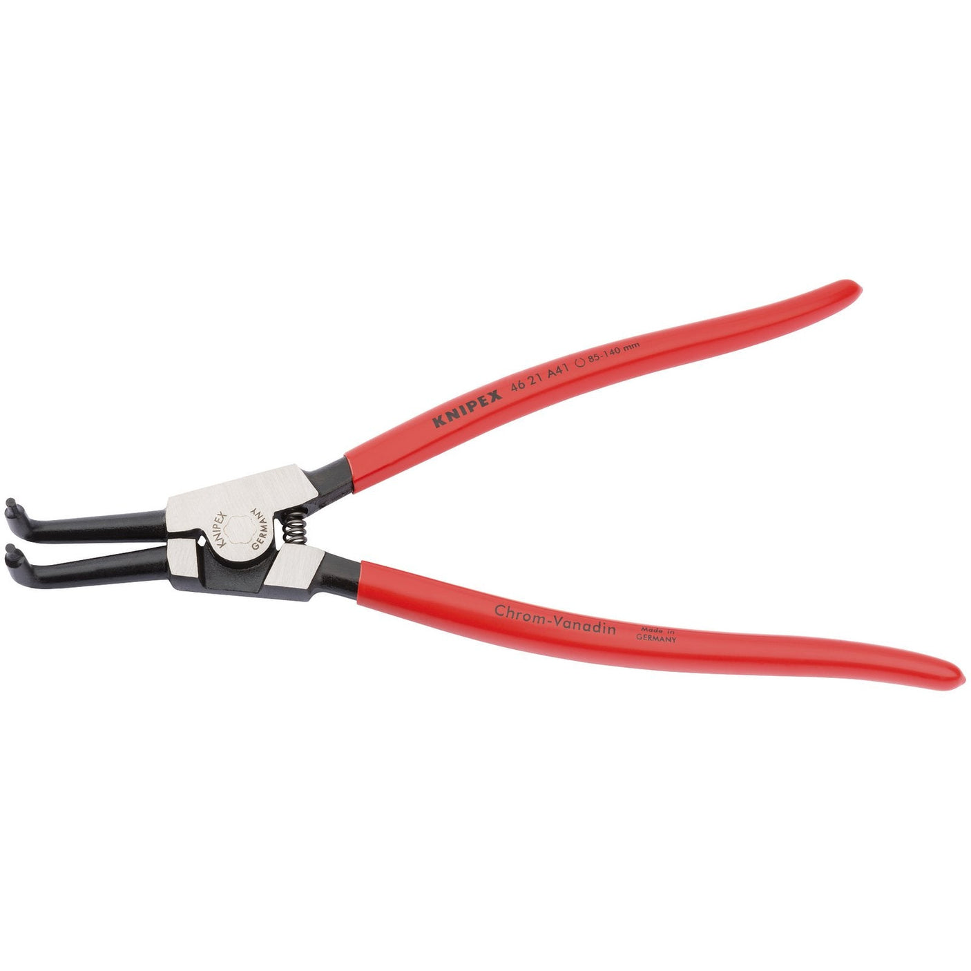 Draper Knipex 46 21 A41 Bent External Circlip Pliers with red handles, forged 90° tips, a spring mechanism, and chrome vanadium steel jaws meeting DIN ISO 5254B standards, suitable for circlips ranging from 85 to 140mm.