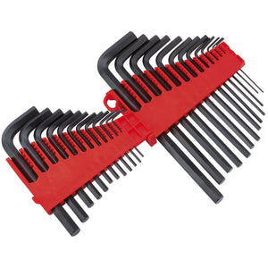 The Draper Redline Metric/Imperial Hexagon Key Set (25 Piece) - RL-HK25/B features hex keys in a range of sizes, made from robust chrome vanadium steel, neatly organized in a red plastic holder and arranged in a convenient fan-like formation.