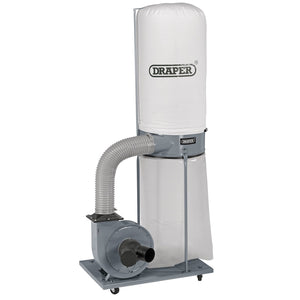 Image of the Draper Portable Dust/Chip Extractor, 153L, 1500W - DE1500 by Draper, showcasing a powerful 1500W motor, a white 5-micron filter bag, a flexible hose, and a grey metal base with wheels for mobility—perfect for workshop machines.