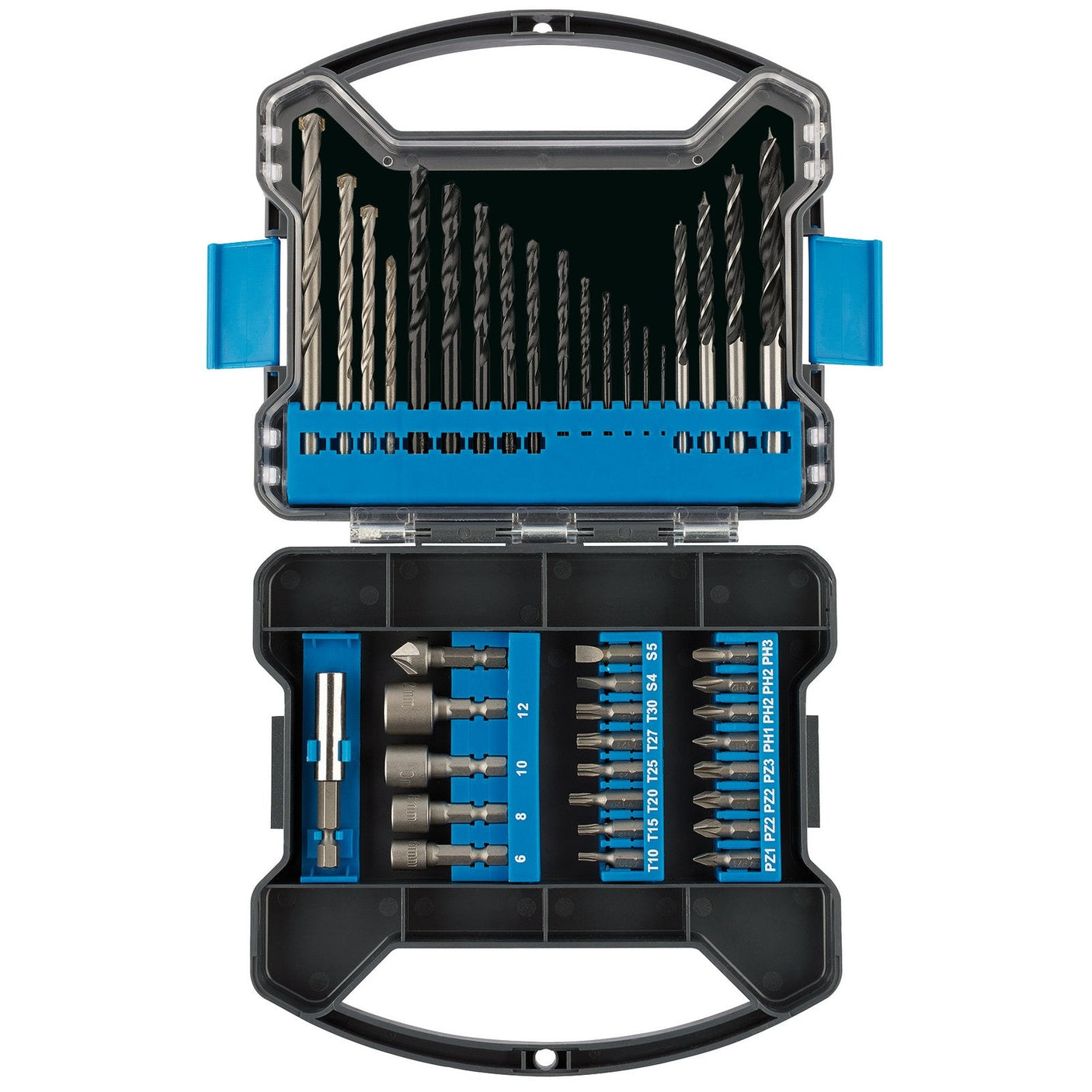 The Draper Drill Bit And Accessory Kit (41 Piece) - DBS/41, featuring versatile drill bits and screwdriver heads in a sleek black and blue tool case with two organized compartments, is a perfect addition to any power tools collection.