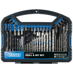 The Draper Drill Bit And Accessory Kit (101 Piece) - DBS/101 by Draper comes in a sturdy black and blue plastic carry case with a transparent lid, showcasing variously sized drill bits and screwdriver heads neatly arranged in rows. It's an ideal addition to any power tool accessory collection.