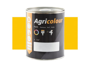 A one-liter tin of Sparex Agricolour Signal Yellow Gloss Paint is displayed against a yellow background. The label features the word "Paint" in multiple languages and symbols indicating usage on metal surfaces.