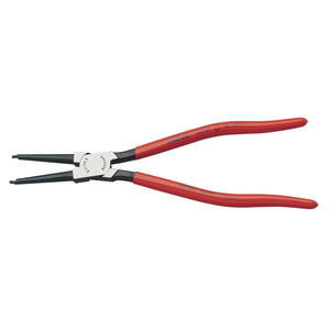 The Draper Knipex 44 11 J4 J4 Straight Internal Circlip Pliers, constructed from chrome vanadium electric steel and featuring red plastic-coated handles, are suitable for circlip sizes ranging from 85 to 140mm.