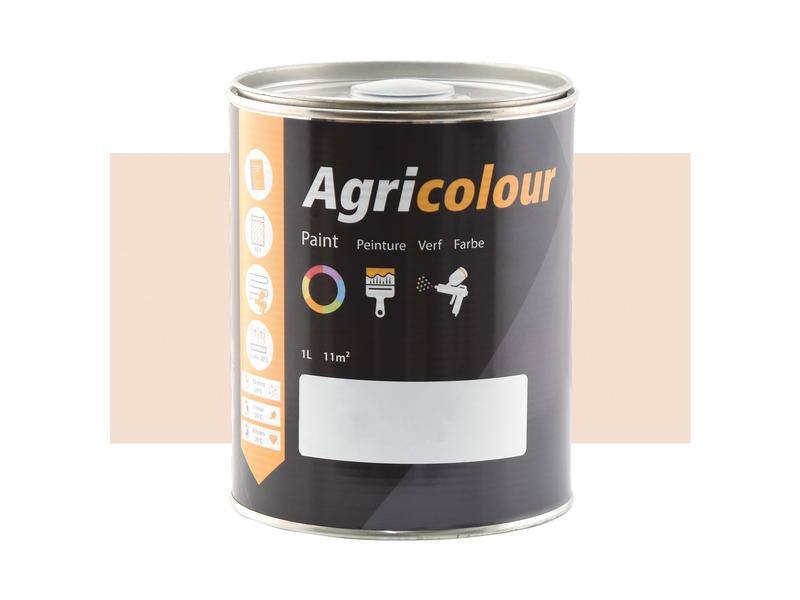 A 1-liter tin of Sparex's Agricolour paint in Oyster White Gloss, labeled with icons and text indicating its suitability for Metal Surface Preparation, also features a blank white area for personalized labeling.