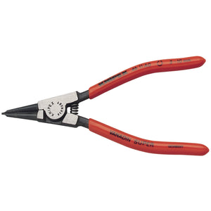 The Draper Knipex 46 11 A0 SBE Straight External Circlip Pliers, suitable for 3 - 10mm sizes, feature a red handle and black metal jaws made from chrome vanadium electric steel. They boast nonslip tips and a central spring for added convenience. The tool is clearly labeled with "Vanadin Super" and "Germany," adhering to DIN ISO 5254A specifications.