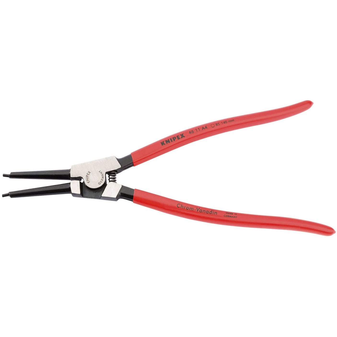 Image of Draper Knipex 46 11 A4 A4 Straight External Circlip Pliers with red plastic coated handles and nonslip tips, perfect for precision work.