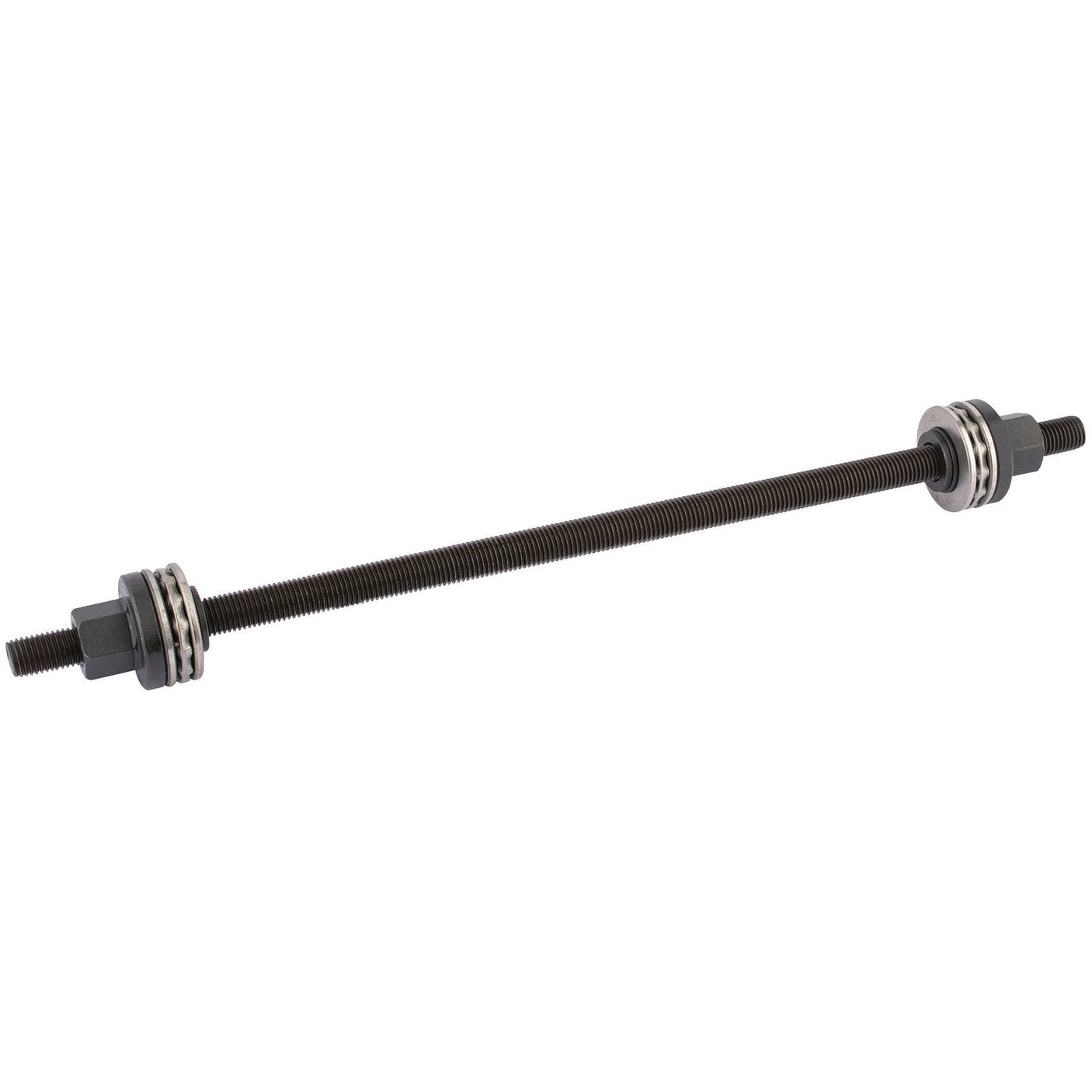 The Draper M12 Spare Threaded Rod and Bearing for the 59123 and 30816 Extraction Kit - YBPK27, featuring a metal threaded rod with nuts and bearings on both ends, is used in machinery and mechanical assemblies.