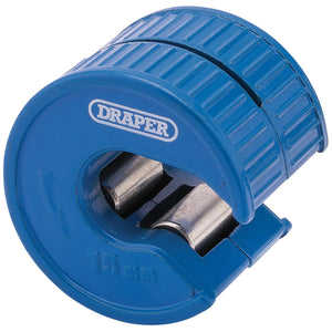 A Draper Automatic Pipe Cutter, 15mm - APC/A, featuring a blue design and a rotary cutting mechanism, is perfect for work in confined areas and ideal for cutting copper or plastic pipes.