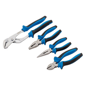 The Draper Soft Grip Pliers Set (4 Piece) - SGPS/4 includes four blue-handled hand tools with soft grip handles: one adjustable wrench, three different general duty pliers, and a wire cutter, all crafted from durable carbon steel and carefully arranged side by side.