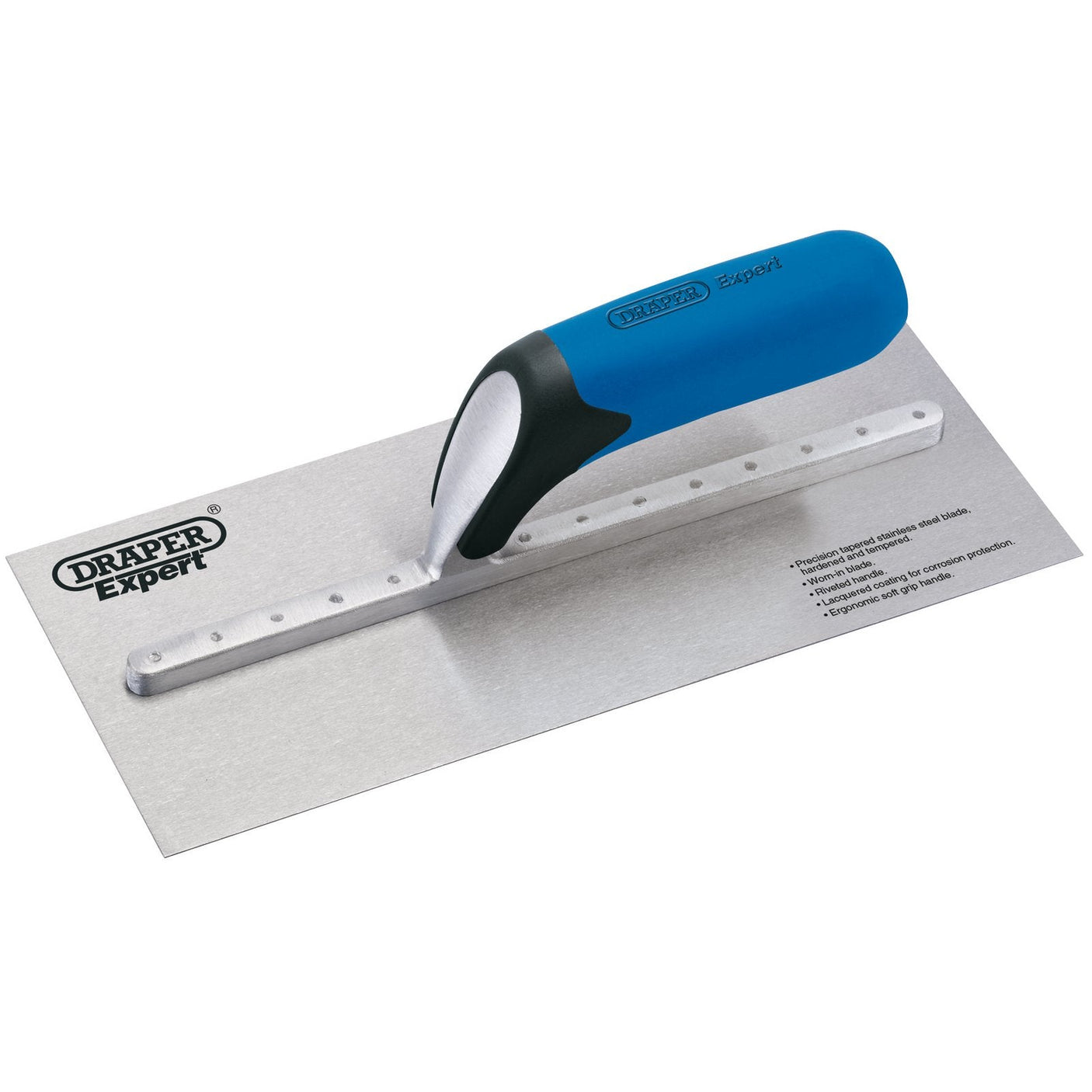 A Draper Soft Grip Stainless Steel Plastering Trowel, 119 X 280mm - PTSSW/SGW with a blue and black soft grip handle and stainless steel blade, displayed on a white background.