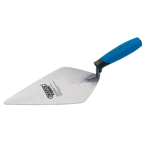 A Draper Expert Soft Grip London Pattern Brick Trowel, 275mm - BT11/SGW, with a stainless steel blade and a blue and green soft grip handle. Designed for user comfort, the blade features the brand name "CLIPPER" and additional text.