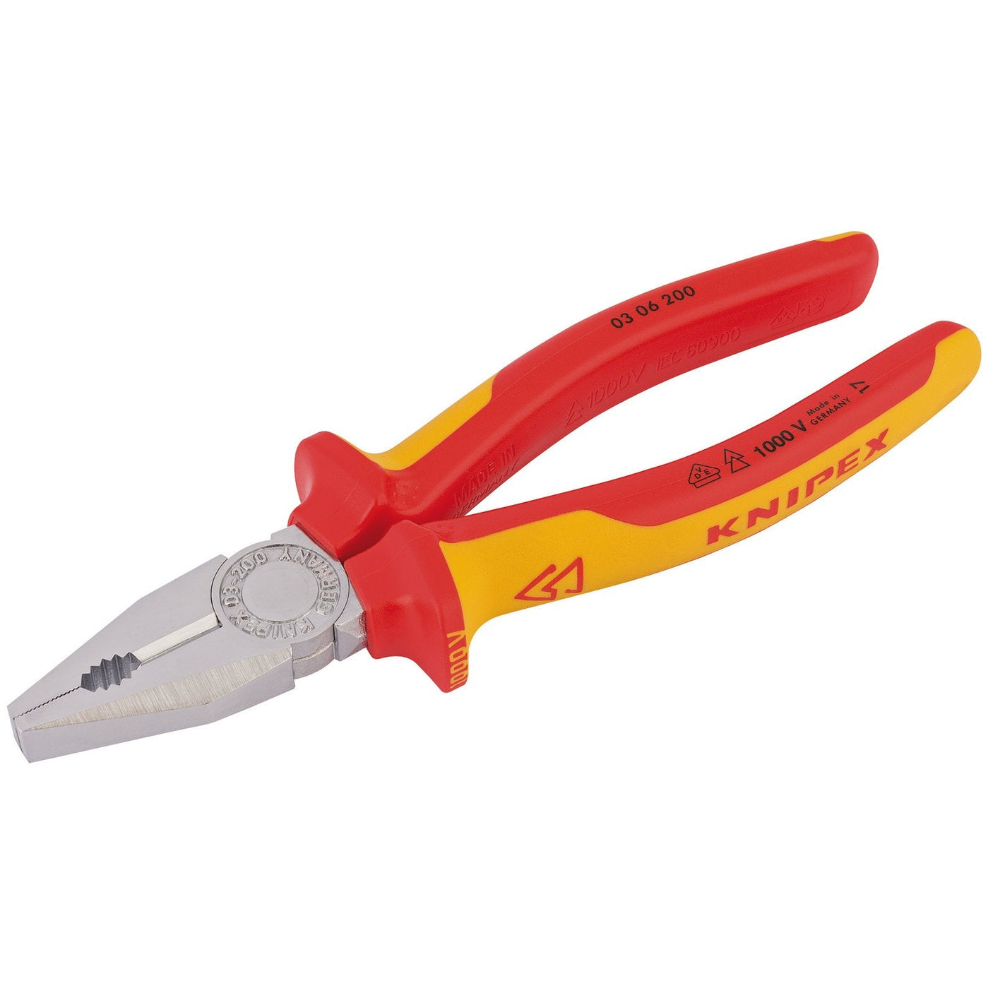 A pair of Draper Knipex 03 06 200 Sbe fully insulated combination pliers, 200mm in length, featuring red and yellow handles, designed for cutting edges and suitable for live line working.