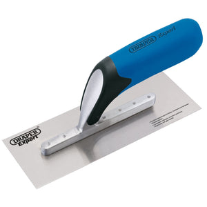 Close-up image of the Draper Expert Soft Grip Plastering Trowel, 75 X 200mm - PT8/SGW, featuring a blue and black soft grip handle for user comfort and prominently displaying the Draper logo on both the handle and the carbon steel blade.