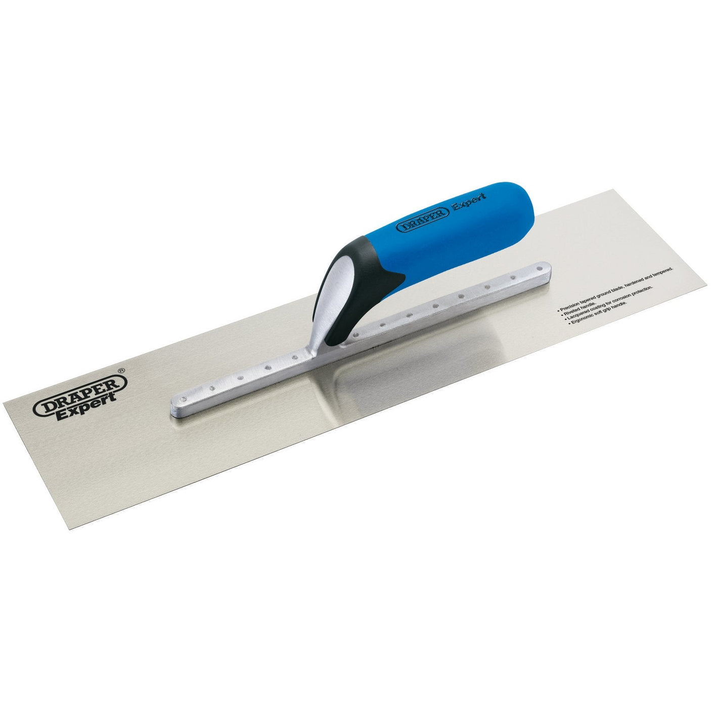 The Draper Expert Soft Grip Plastering Trowel, 120 X 450mm - PT18/SGW features a blue and black soft grip handle for user comfort and a shiny carbon steel blade, branded by Draper.