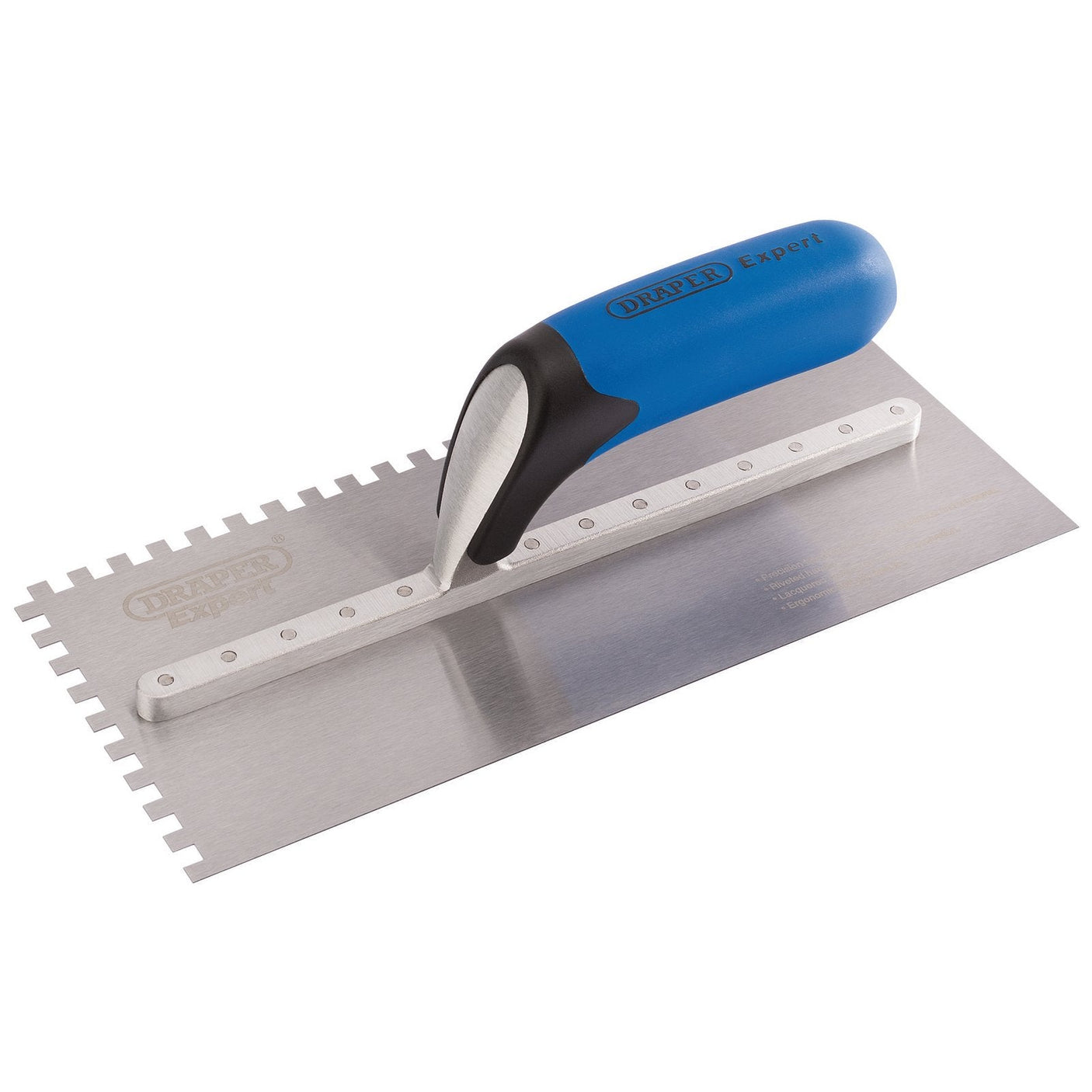 The Draper Expert Soft Grip Adhesive Spreading Trowel, 120 X 280mm - AST11/SGW with a blue and black soft grip handle and serrated carbon steel blade, suitable for spreading adhesives or plaster, lies on a white background.