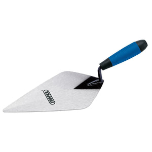 The Draper Soft Grip London Pattern Brick Trowel, 275mm - BTSGW features a durable carbon steel blade and a blue soft grip handle, designed for masonry work to ensure user comfort.