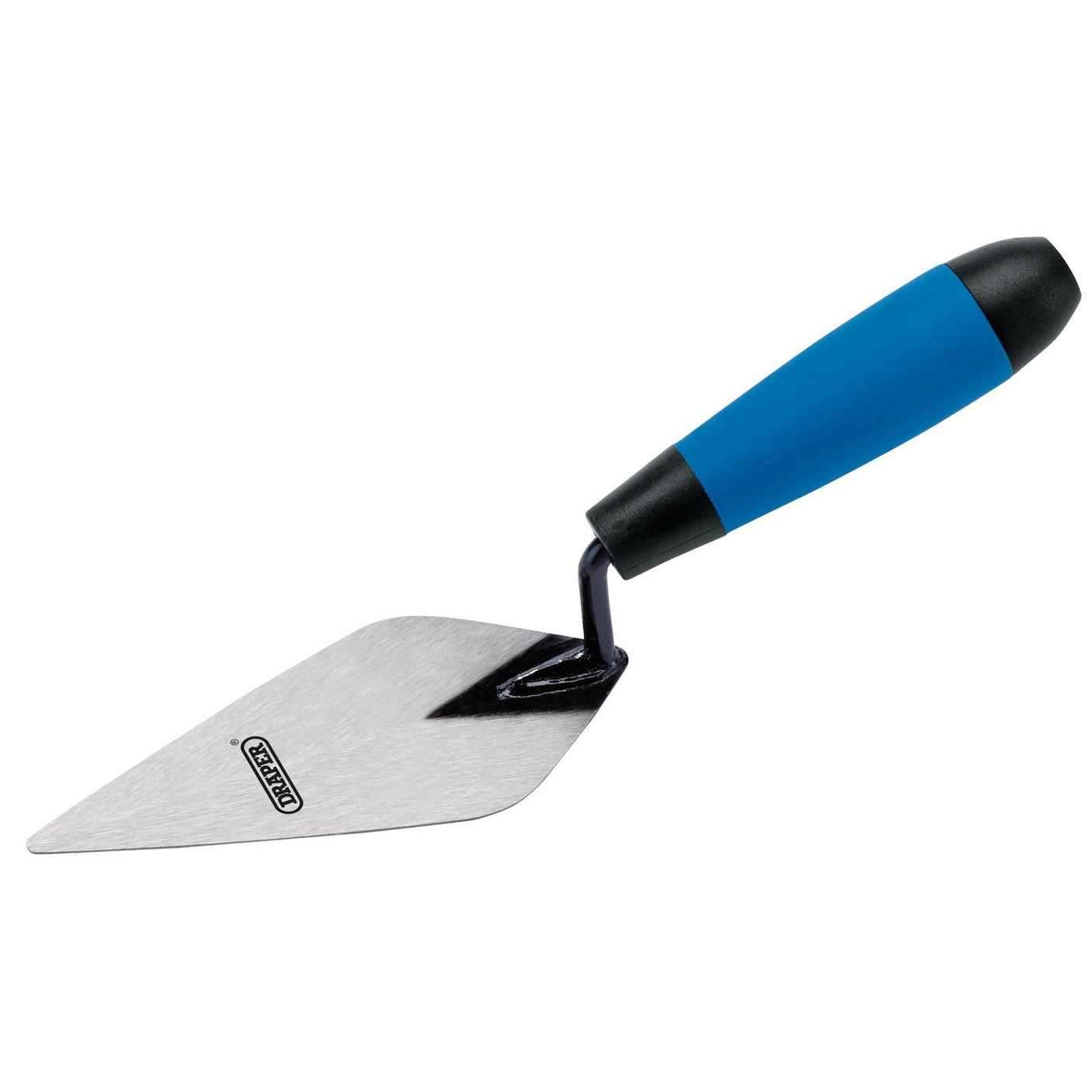 The Draper Soft Grip Pointing Trowel, 150mm - PTSGW, features a blue soft grip handle and a stainless steel blade, making it ideal for both masonry and gardening tasks.