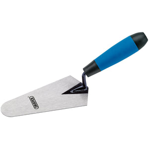 The Draper Soft Grip Gauging Trowel, 175mm - GTSGW features a pointed carbon steel blade and a blue and black soft grip handle designed for enhanced user comfort.