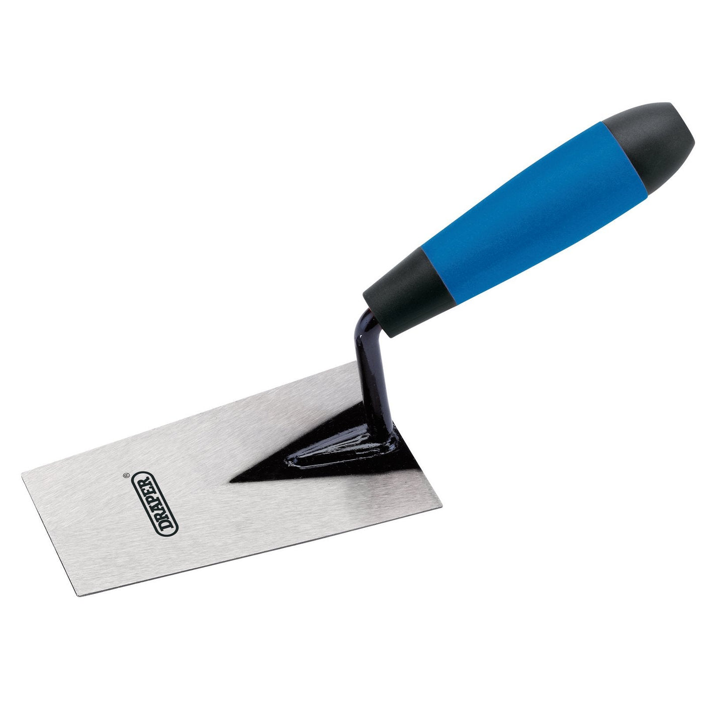 A rectangular trowel with a blue and black soft grip handle, featuring the brand "Draper" on the lacquered finish carbon steel blade.