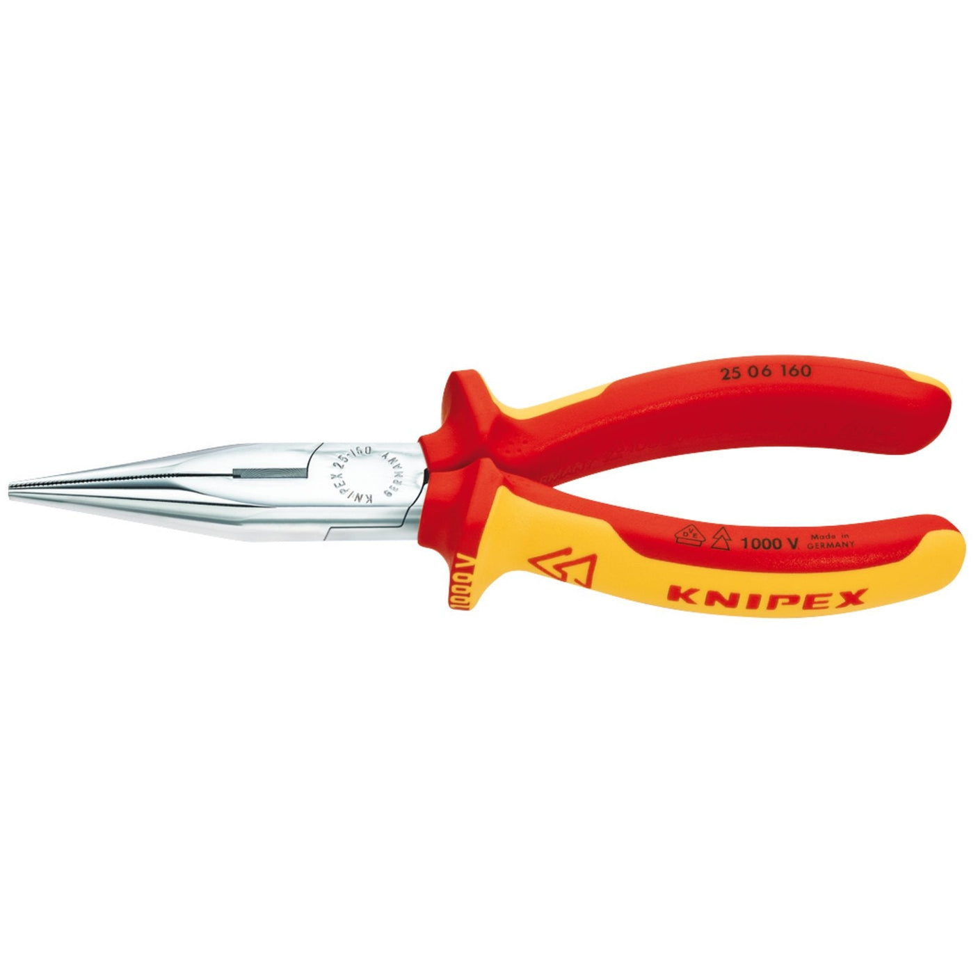 Image of a Draper Knipex 25 06 160 Sbe Fully Insulated Long Nose Pliers, 160mm, featuring durable cutting edges and insulated handles, rated for 1000V.