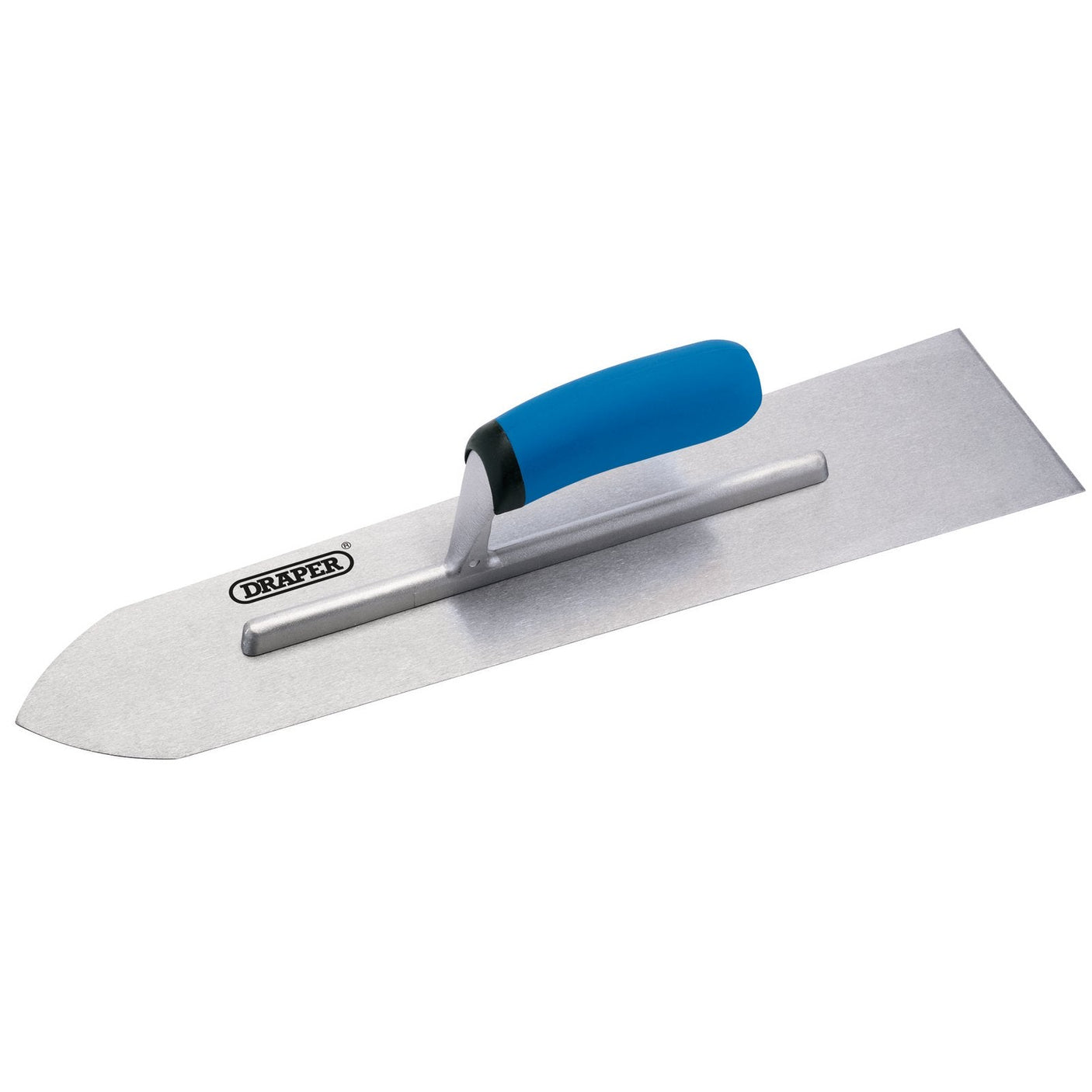 The Draper Soft Grip Flooring Trowel, 110 X 400mm - FLT/SGW, features a carbon steel blade with a pointed end and a blue soft grip handle for user comfort.