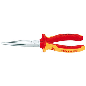 A pair of red and yellow insulated long-nose pliers with ergonomic handles, crafted from durable vanadium steel and cutting edges, branded as Draper Knipex 26 16 200 SBE Fully Insulated Long Nose Pliers, 200mm.