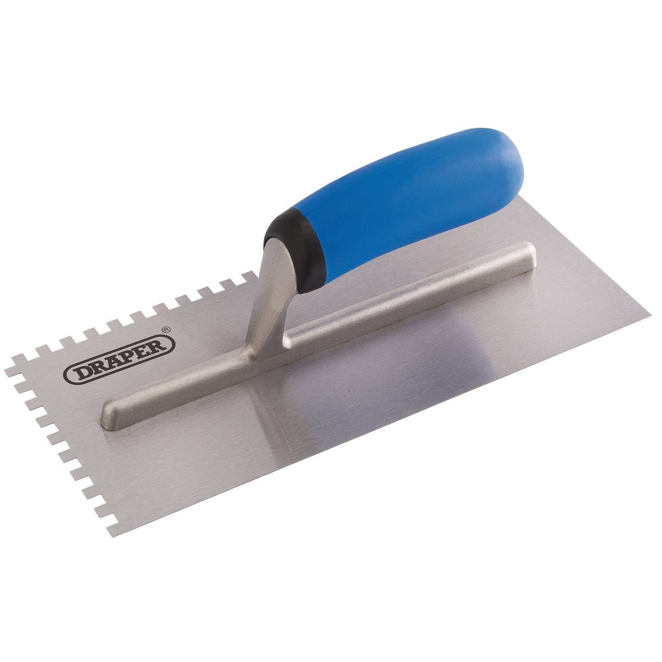 The Draper Soft Grip Adhesive Spreading Trowel, 120 X 280mm - ASTSGW, features a soft grip blue handle and a serrated carbon steel blade, designed for spreading adhesive.