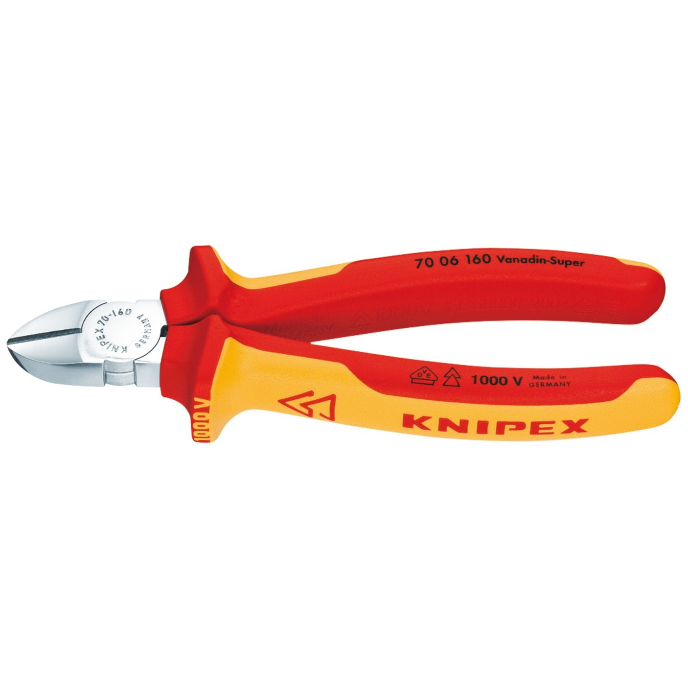 A pair of Draper Knipex 70 06 160 Sbe Fully Insulated Diagonal Side Cutters, measuring 160mm, with red and yellow insulated handles is designed for cutting through electrical wires and made from durable vanadium electric steel. Perfect for live line working.