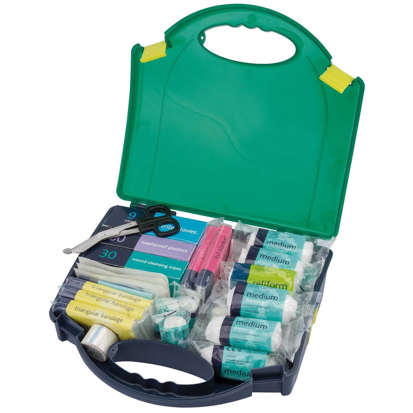 Open the Draper First Aid Kit, Medium - FAKBSI-M/B, which includes various supplies such as bandages, nitrile gloves, scissors, and antiseptic wipes. This kit is housed in a durable green and blue plastic box with a handle.