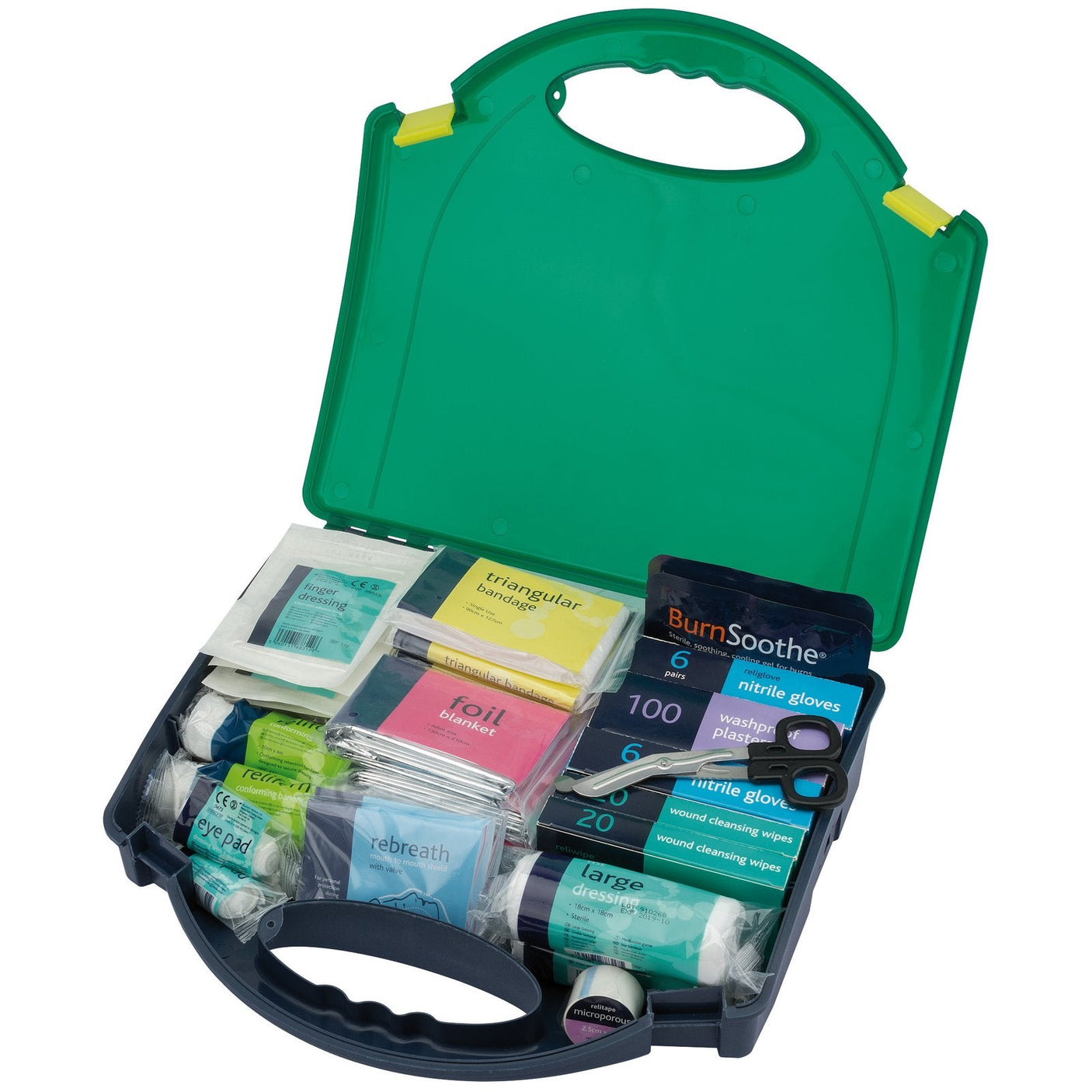 A BS8599-1 compliant Draper First Aid Kit, Large - FAKBSI-L/B in green with an open lid reveals various medical supplies, including triangular bandages, nitrile gloves, cleaning wipes, burn dressings, and a face shield. The durable plastic box ensures contents stay protected and ready for use.