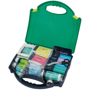 A BS8599-1 compliant Draper First Aid Kit, Large - FAKBSI-L/B in green with an open lid reveals various medical supplies, including triangular bandages, nitrile gloves, cleaning wipes, burn dressings, and a face shield. The durable plastic box ensures contents stay protected and ready for use.