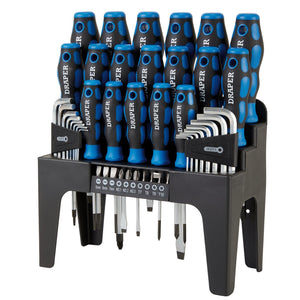 The Draper Soft Grip Screwdriver, Hex Key, and Bit Set (44 Piece) - 865/44 includes screwdrivers and hex keys with blue and black handles, all neatly organized in a black plastic stand. This set is made from durable chrome vanadium.