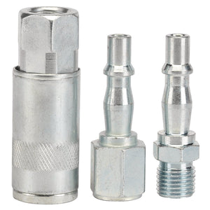 Three Draper 1/4" BSP Air Line Couplings with different designs, arranged vertically on the left and two slightly tilted on the right. The fittings, featuring BSP thread connections, are silver and made of stainless steel.