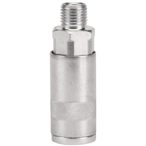 The Draper 1/4" BSP Air Coupling Tapered Male Thread - EAC is a metal pneumatic flow control valve with a threaded connector, featuring a safety design perfect for compressor outlets and trailing hoses.