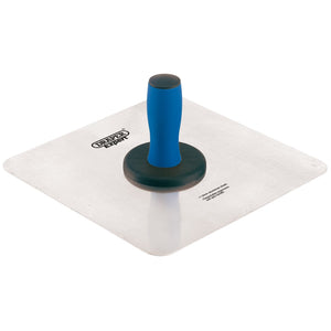 The Draper Aluminium Plasterer's Hawk, 300 X 300mm - PHW, features a soft-grip blue handle and a precision sheet aluminium blade, making it ideal for spreading adhesives in tile installation. Draper's expert quality guarantees professional results with every use.