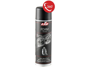 A tall, 500ml aerosol can of EXO 93 Foam Cleaner with a 360-degree application capability, featuring a black and red label and an image of a car seat.