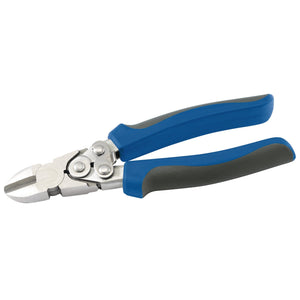 The Draper Compound Action Side Cutter, 180mm - 1000 features blue and gray ergonomic soft grip handles, specifically designed for cutting wire and small cables. This tool provides increased cutting power with its compound action side cutters.