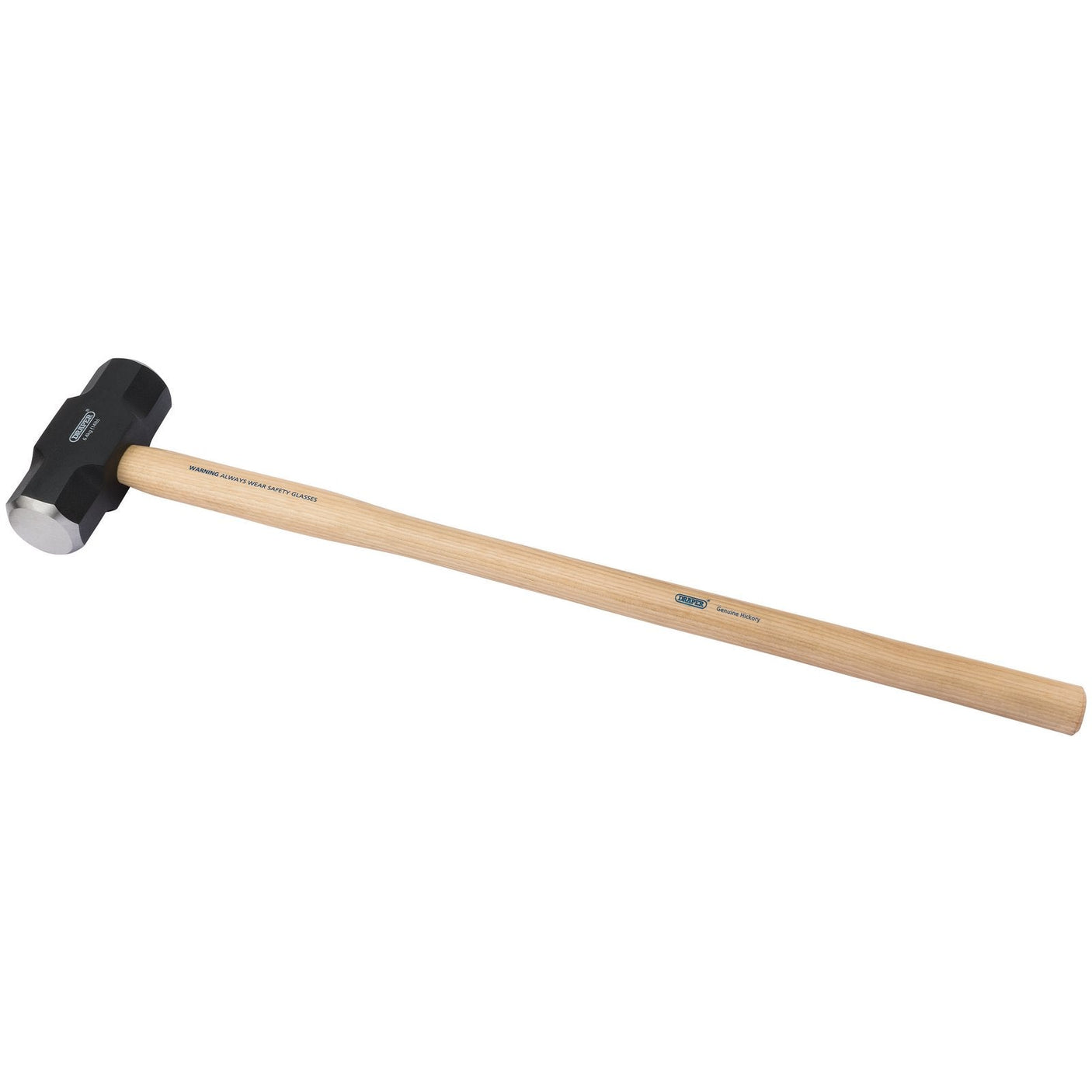 The Draper Hickory Shaft Sledge Hammer, 6.4Kg/14Lb - 6220/B features a long handle and a black high carbon steel head with a light hickory shaft, shown against a white background.