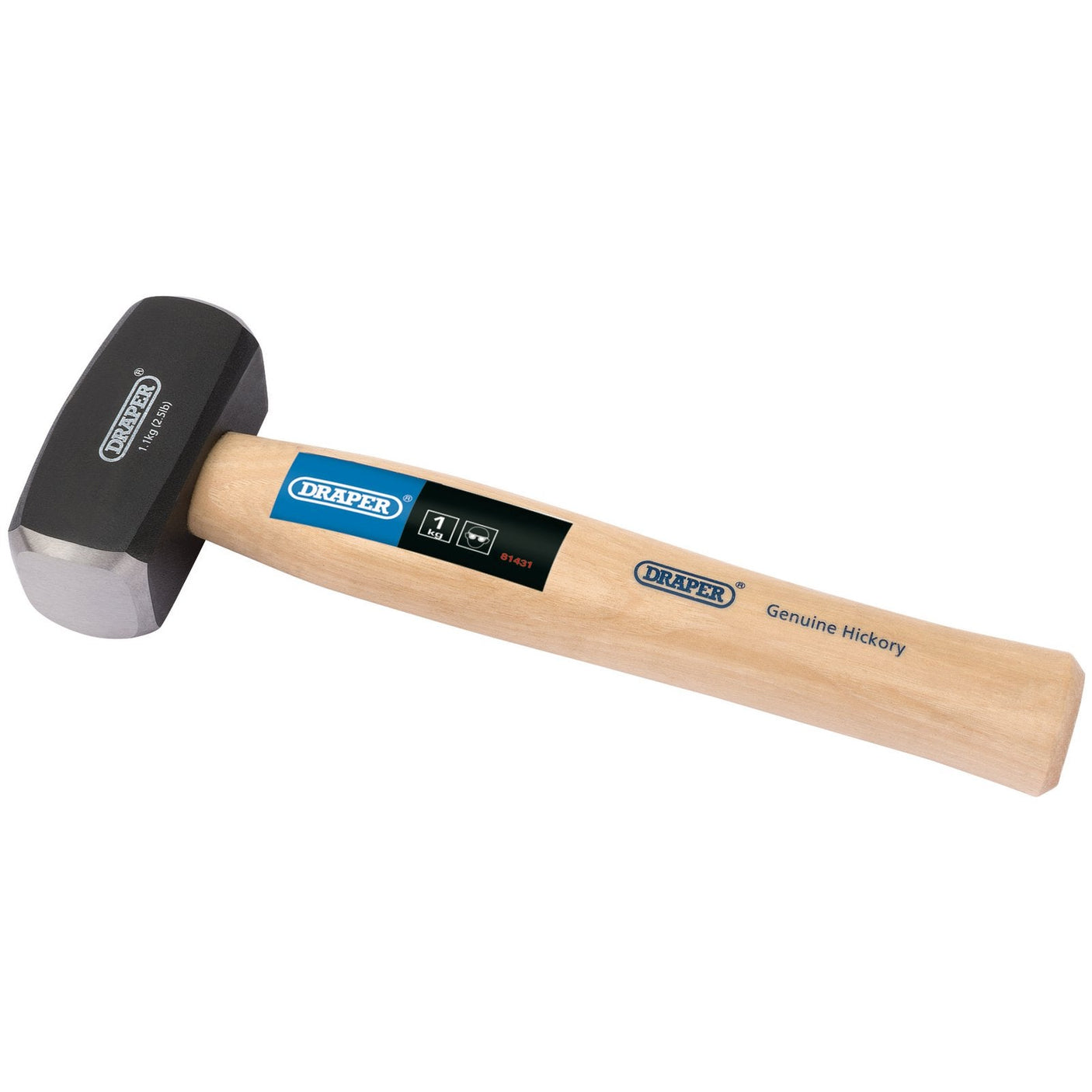 The Draper Hickory Shaft Club Hammer, 1Kg/2.2Lb - 190T/B, features a black high carbon steel head and a beige hickory wooden handle, with branding and product details on the polished face.