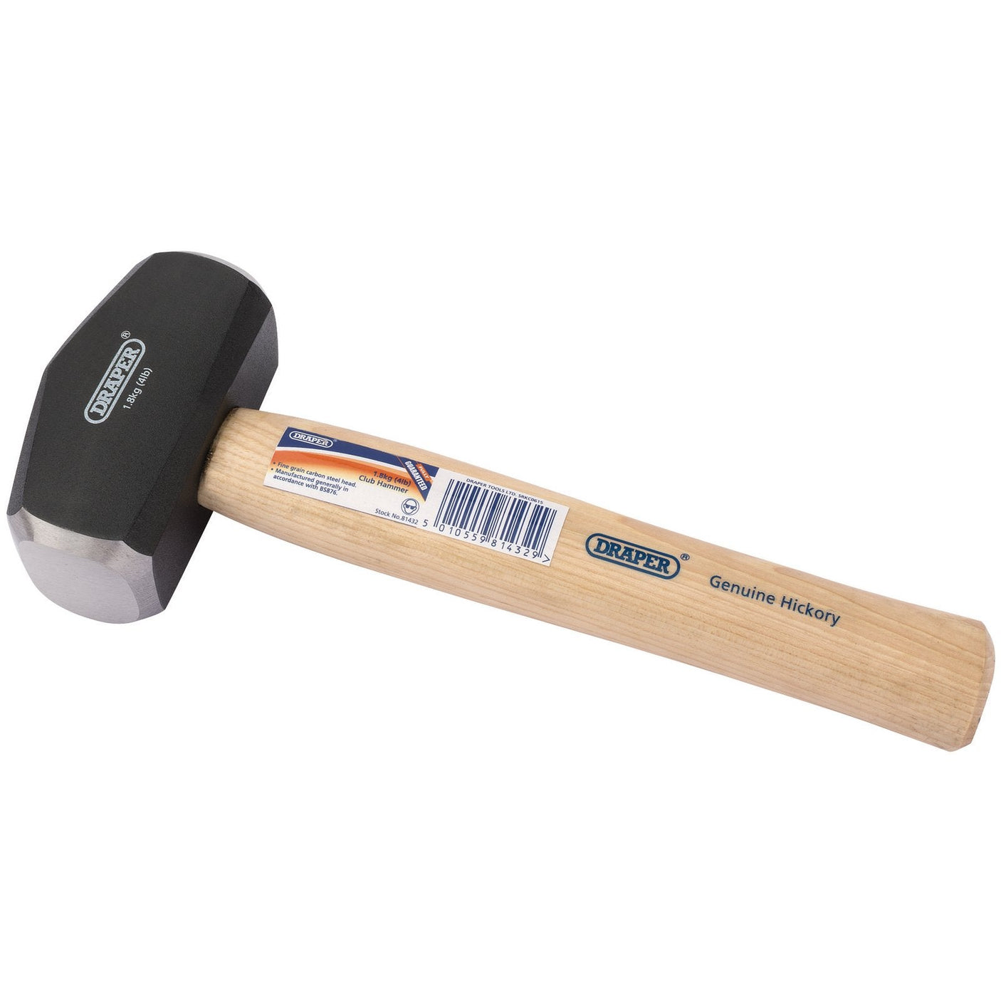 The Draper 1.8Kg/4Lb Hickory Shaft Club Hammer, 190T/B features a high carbon steel head and a wooden handle labeled "DRAPER Genuine Hickory." The natural hickory shaft complements the polished face of this sturdy tool.