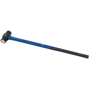 A Draper sledgehammer, model FG4/B, featuring a blue fibreglass shaft, a long handle, and a 3.2Kg/7Lb black metal head made from high carbon steel.