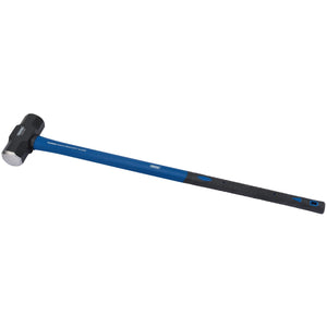 The Draper Sledge Hammer With Fibreglass Shaft, 4.5Kg/10Lb - FG4/B features a blue handle and a black high carbon steel head, complemented by a fibreglass shaft for durability and a shock-absorbing grip designed for heavy-duty use.