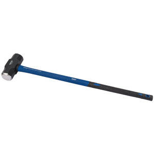 An image of the Draper Sledge Hammer with Fibreglass Shaft, 6.4Kg/14Lb - FG4/B, featuring a blue handle with a black rubber shock-absorbing grip and a high carbon steel head.